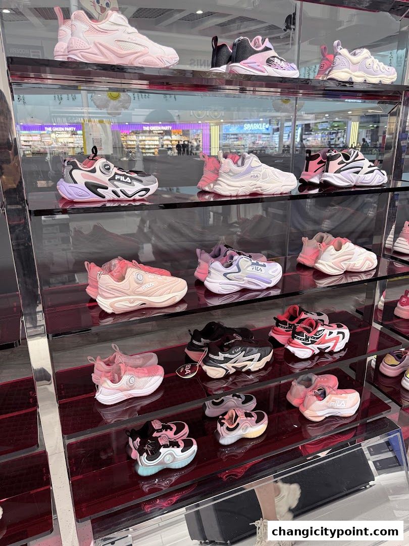 A display of various FILA sneakers for children on shelves.