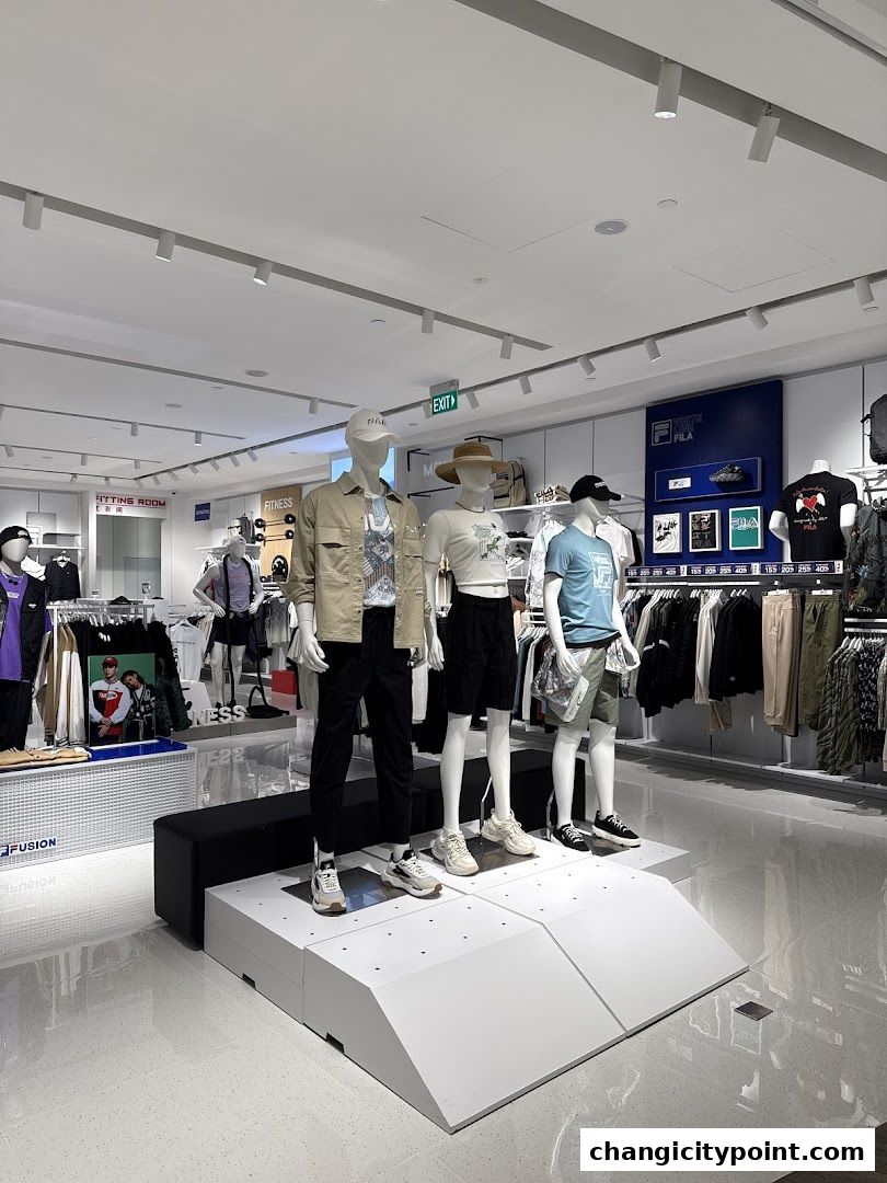 Mannequins display casual FILA apparel inside a brightly lit retail store.