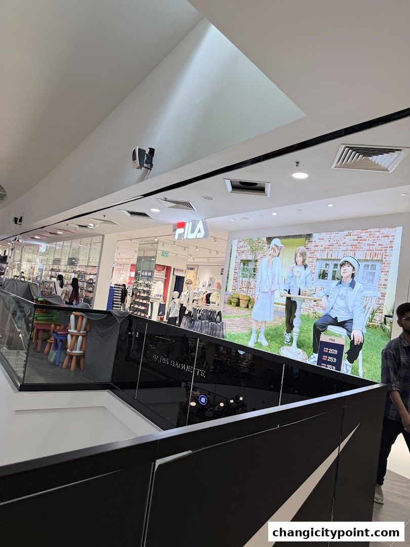 The FILA Outlet store entrance with a large display featuring models and sale information.