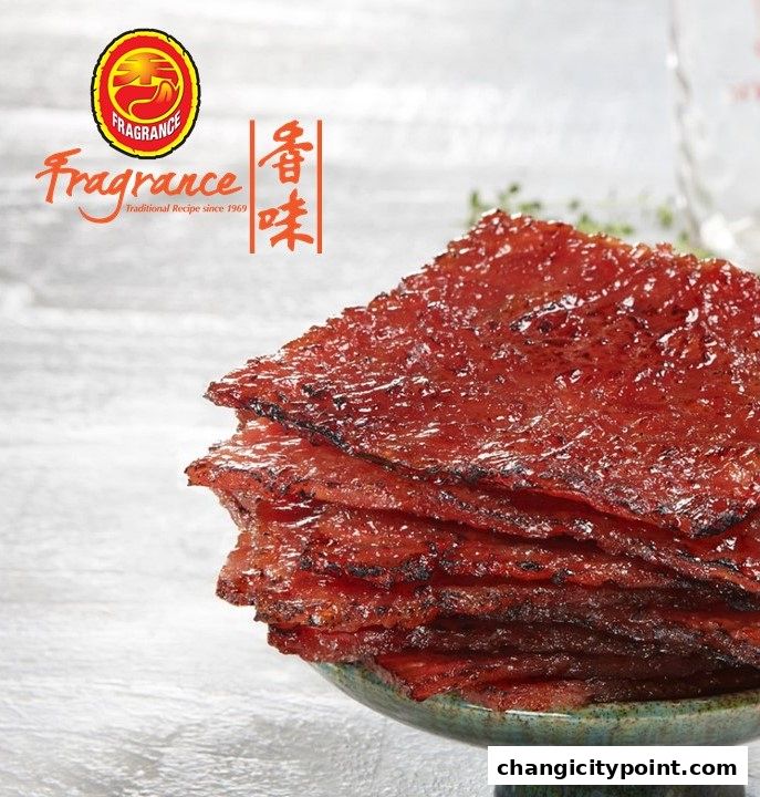 A stack of delicious, glistening bak kwa (barbecued pork) from Fragrance.