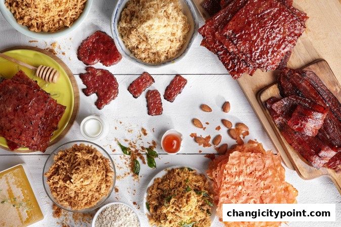 A spread of delicious bak kwa and meat floss with almonds and honey.