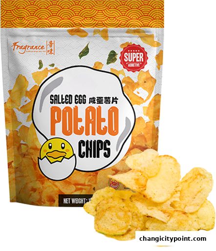 A bag of Fragrance Salted Egg Potato Chips with a pile of chips spilling out.