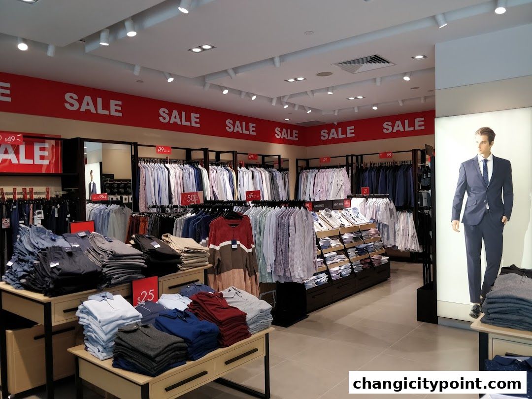 Interior view of a G2000 store with sale signs and neatly folded men's clothing.