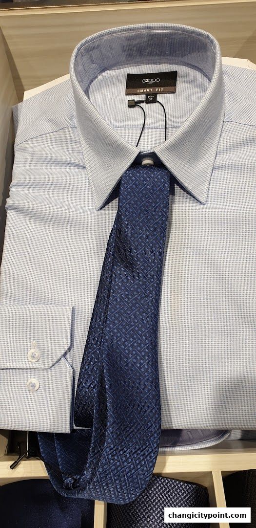 A light blue dress shirt with a dark blue patterned tie neatly displayed.