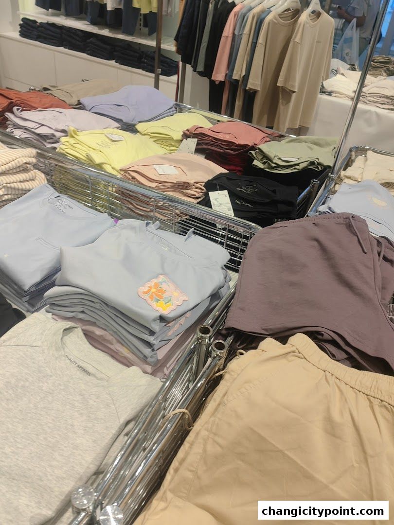 Neatly folded t-shirts and shorts in various pastel colors displayed in a retail store.