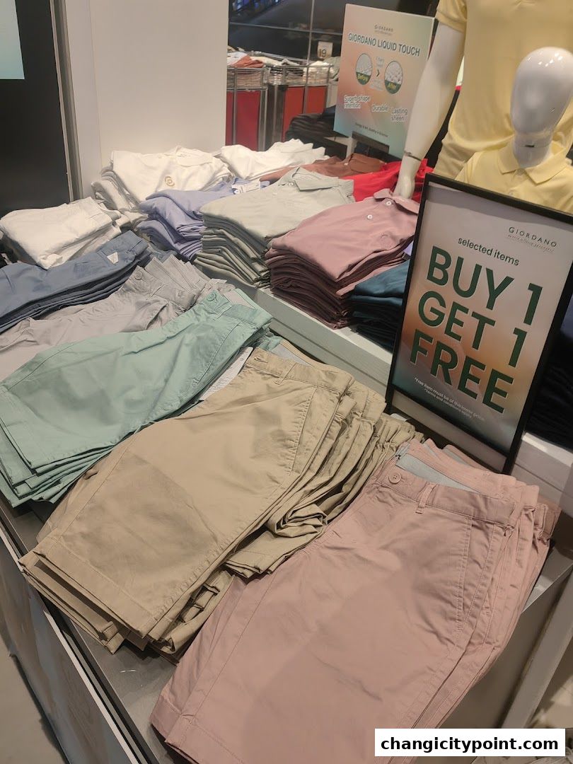 Neatly folded shorts and shirts in various pastel colors are displayed.