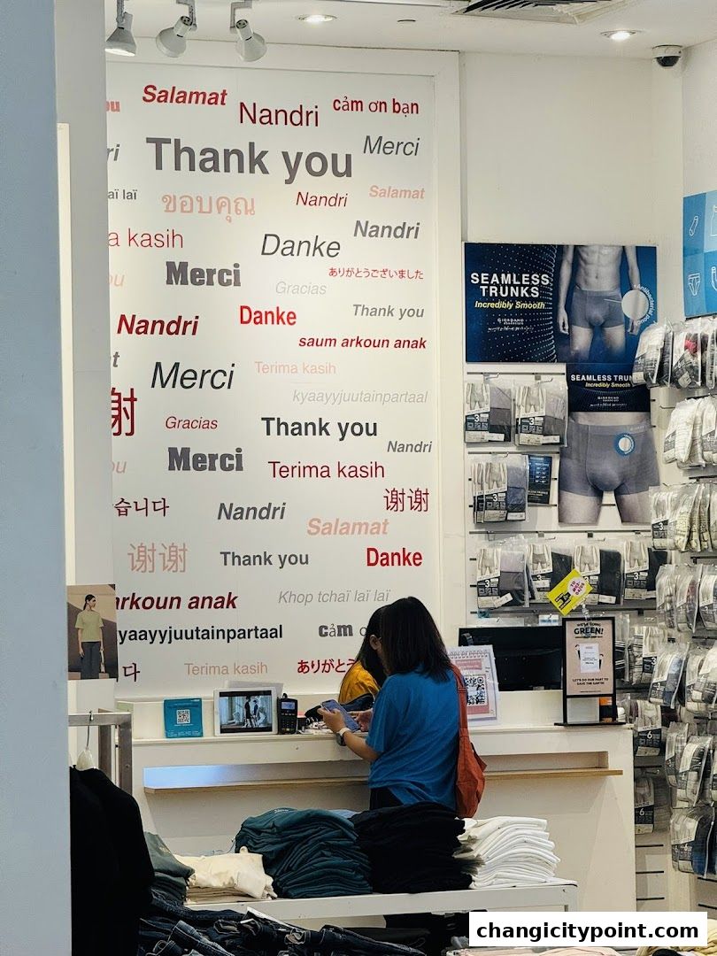 Interior of a Giordano shop with a 'Thank You' wall and merchandise displays.