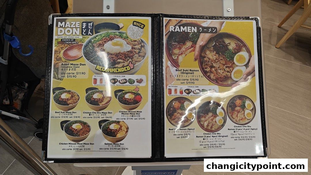 A menu featuring Maze Don and Ramen dishes with prices and descriptions.
