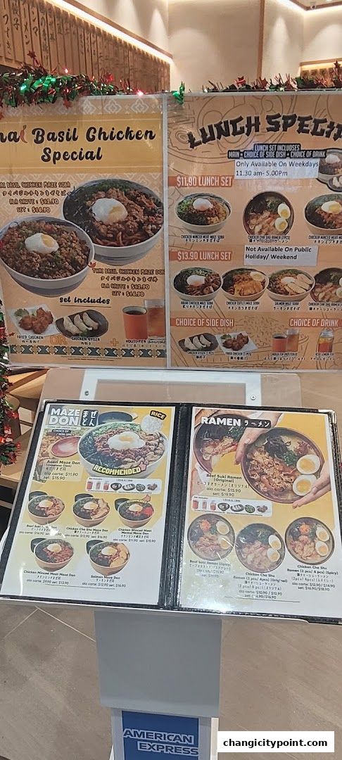 A menu display featuring lunch specials, maze dons, and ramen dishes.