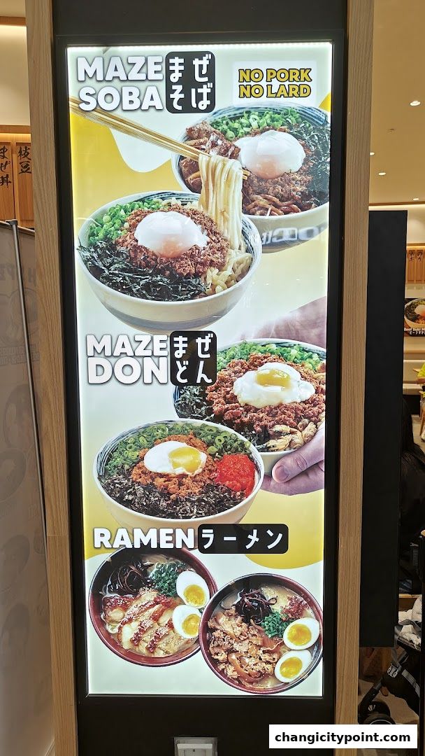 A brightly lit menu board showcasing Maze Soba, Maze Don, and Ramen dishes.