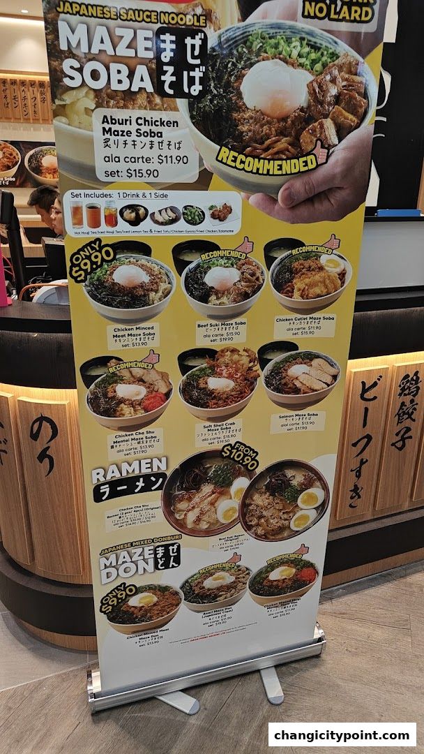 A promotional banner showcasing various Japanese Maze Soba and Ramen dishes with prices.