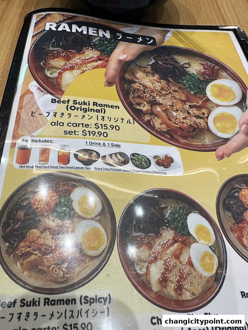 A menu featuring various ramen dishes with images and prices.