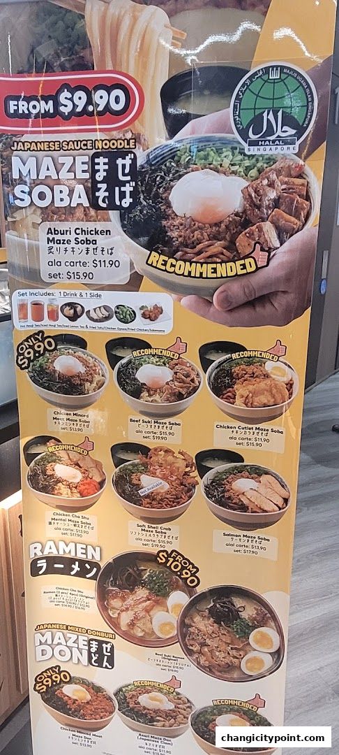 A menu board showcasing various Japanese Maze Soba and Ramen dishes with prices.