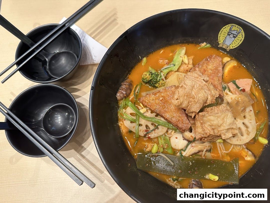 A close-up of a steaming bowl of Mala Tang with various ingredients and two empty bowls.