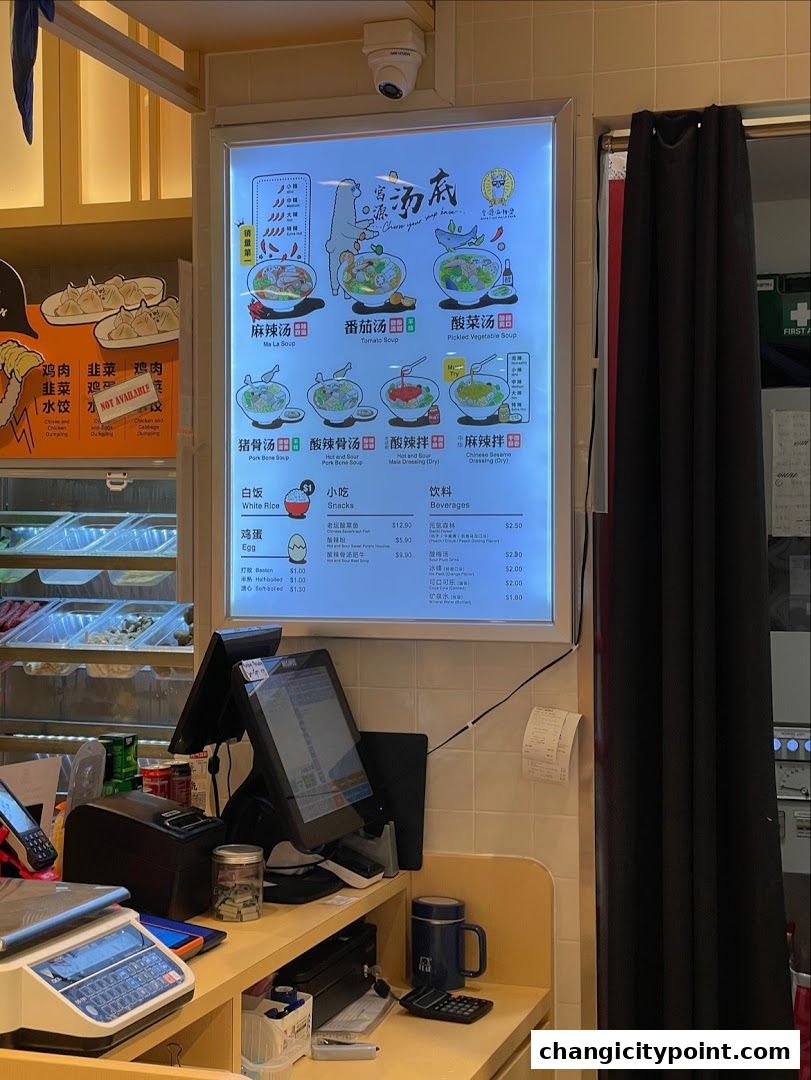 A brightly lit menu board displays various soup bases and side dishes at Gong Yuan Ma La Tang.