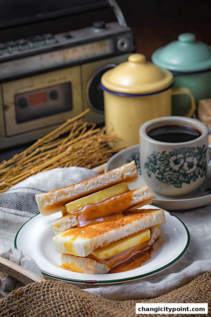 A classic kaya toast and coffee set with vintage radio and enamelware.