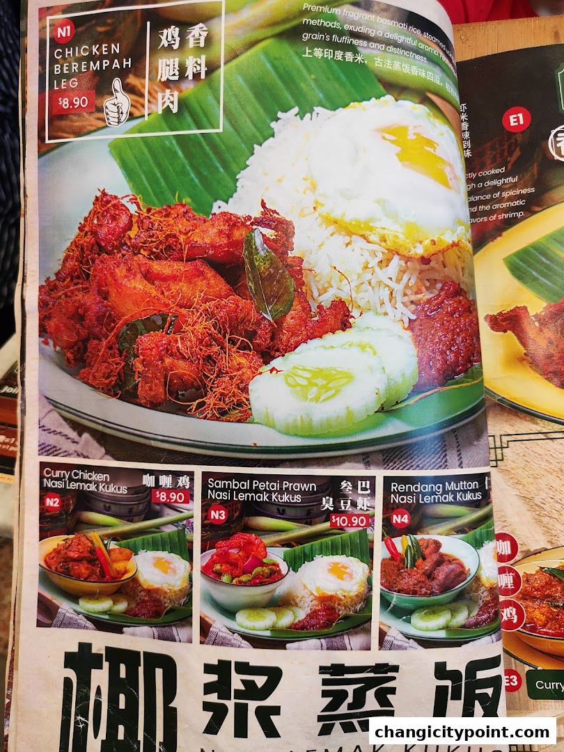 A menu showcasing Nasi Lemak dishes with prices and descriptions.
