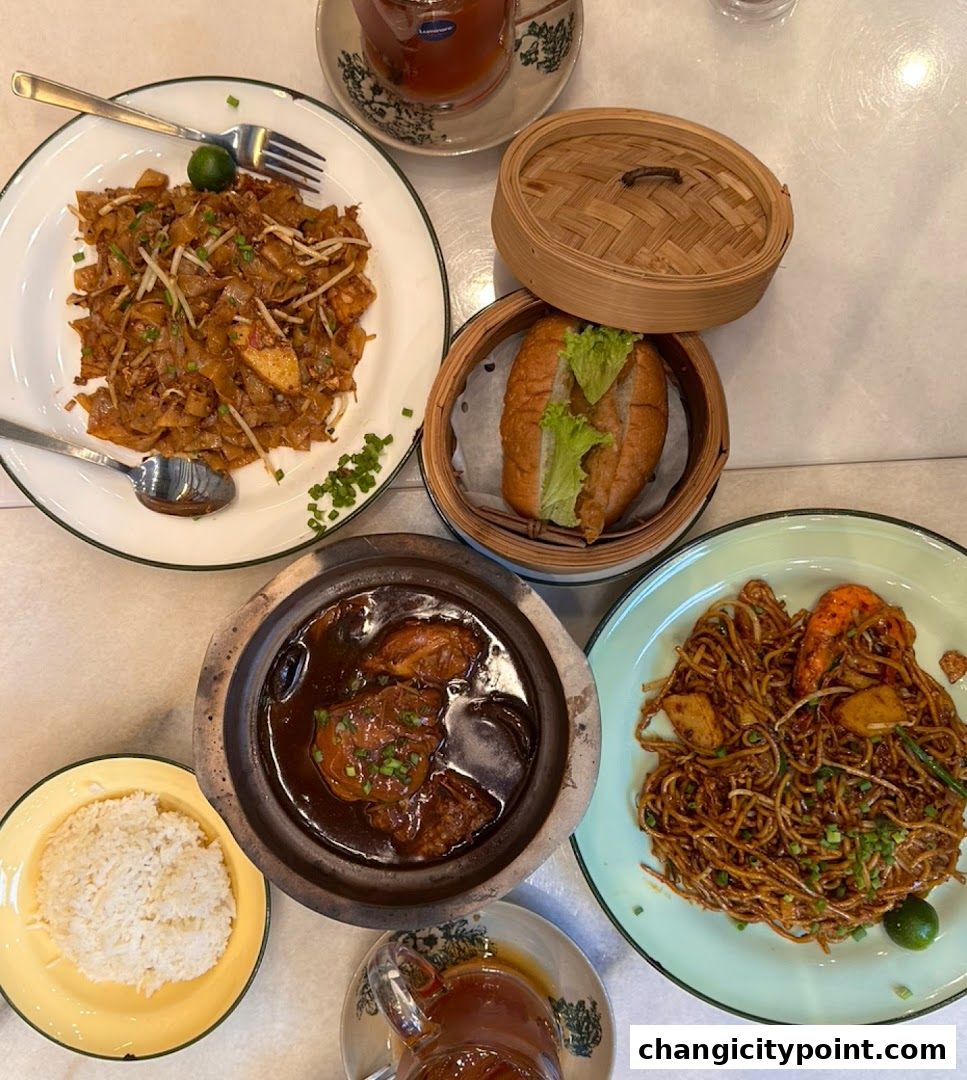 A spread of delicious Southeast Asian dishes including noodles, rice, and braised chicken.