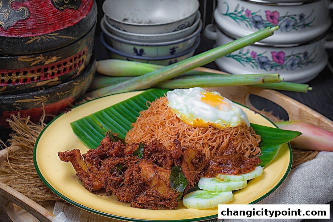 A plate of bee hoon with fried chicken, sunny-side-up egg, and cucumber slices.