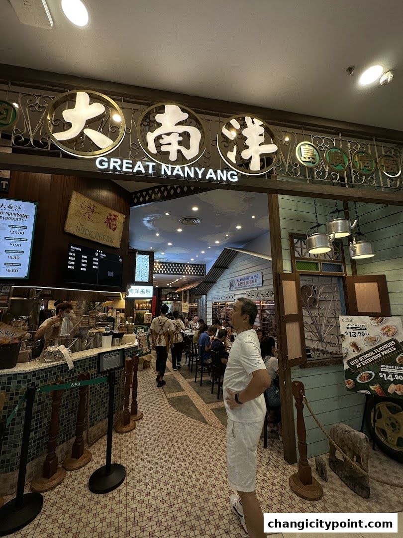 Great Nanyang Heritage Cafe entrance with signage and interior view.
