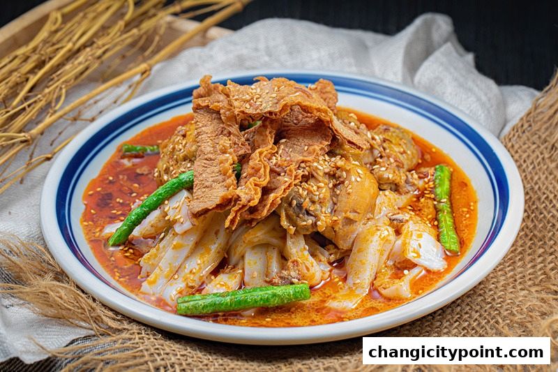 A close-up shot of a delicious dish with noodles, chicken, and crispy toppings.
