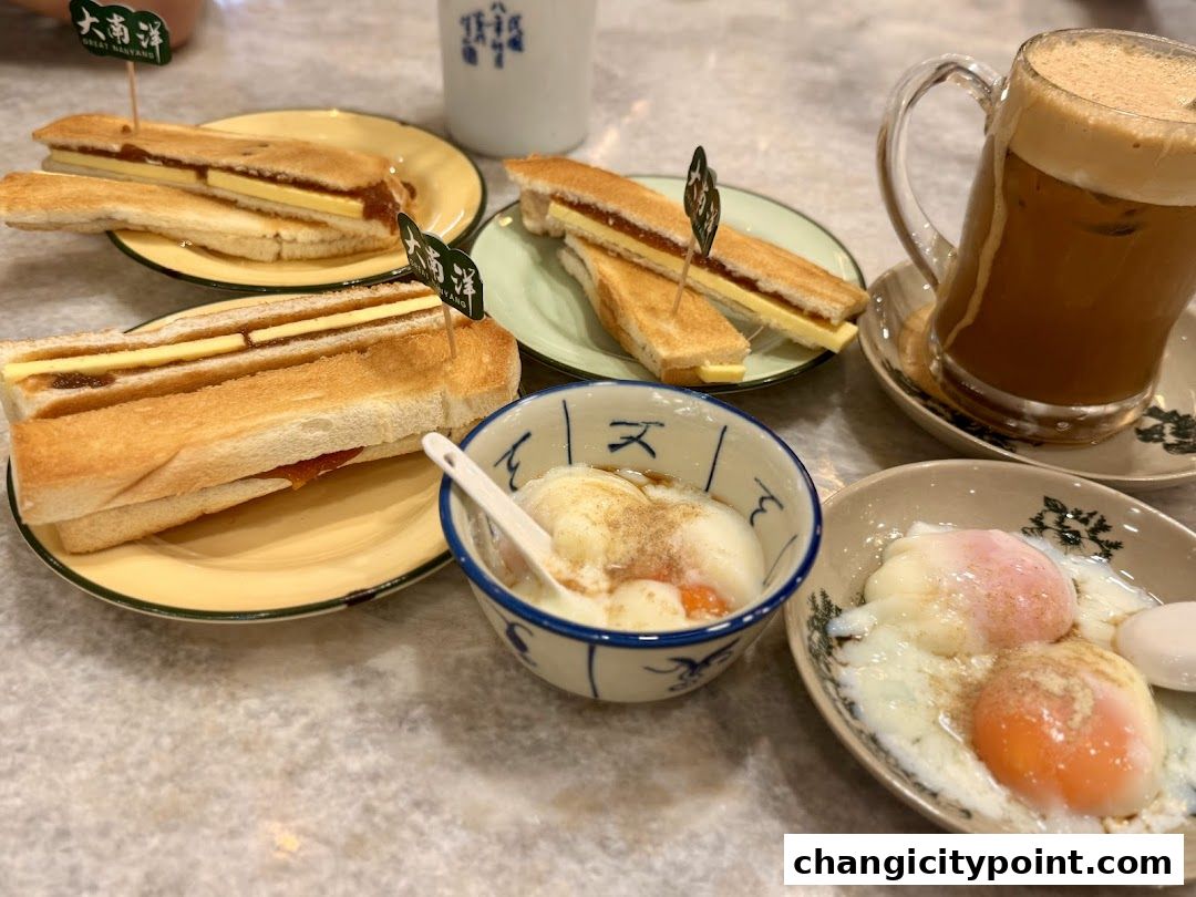 A spread of traditional Singaporean breakfast items including kaya toast, soft-boiled eggs, and iced coffee.