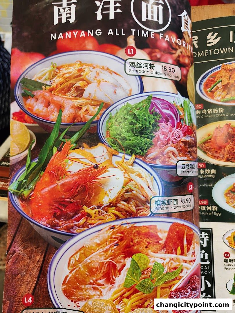 A menu featuring various noodle dishes from Great Nanyang Heritage Cafe.