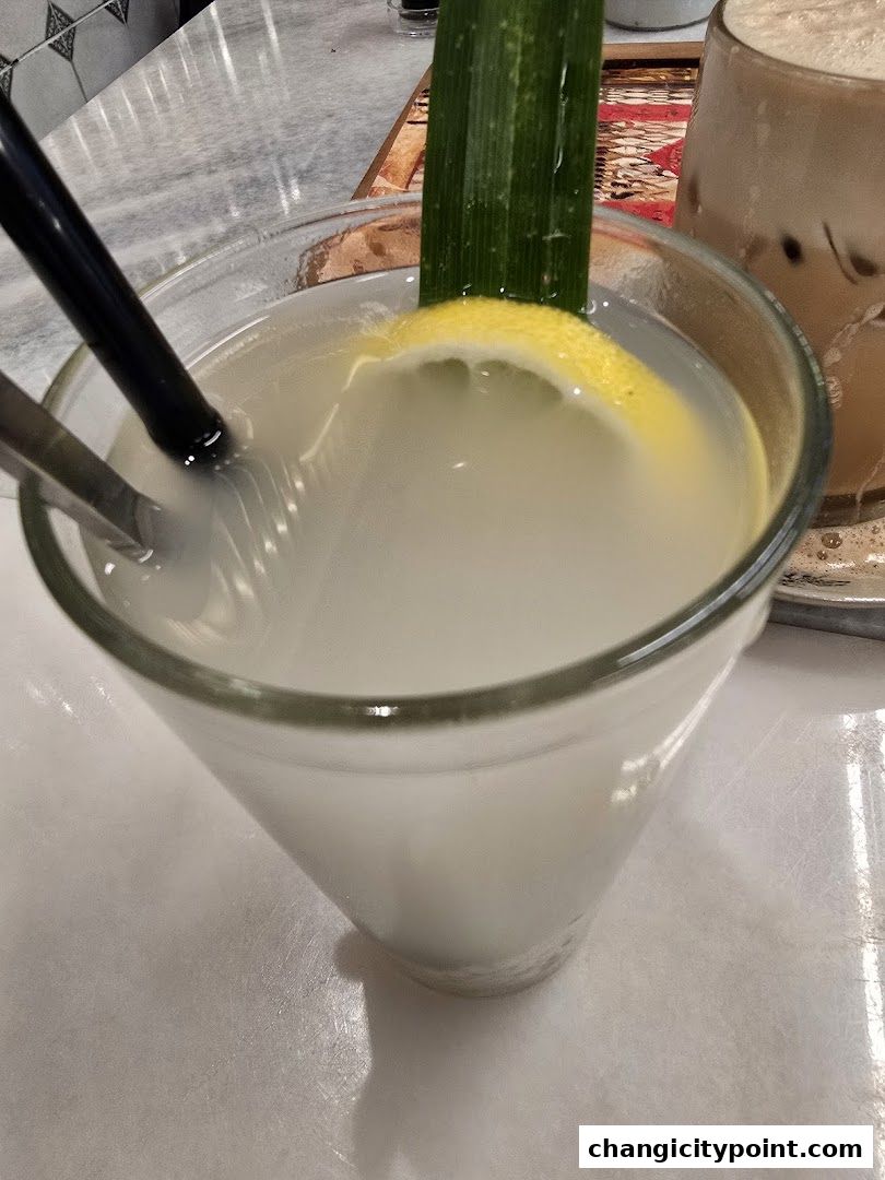 A refreshing drink with lemon and a green leaf garnish in a glass.