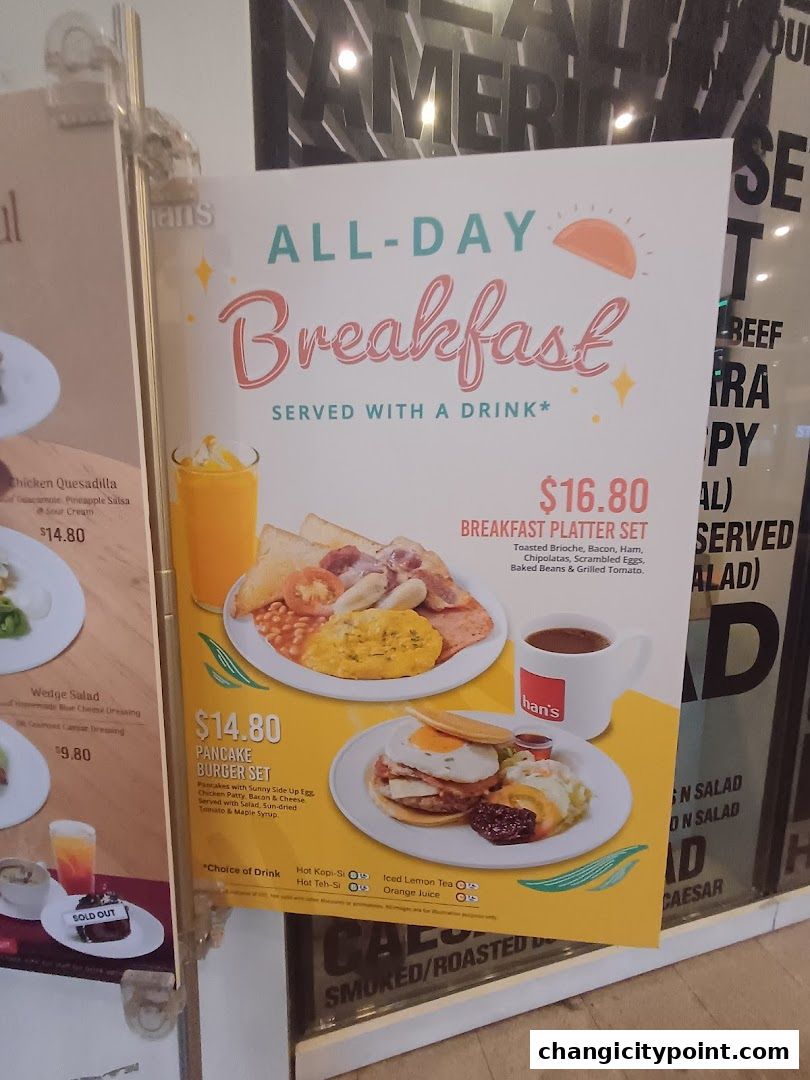 A menu board advertising Hans Cafe's all-day breakfast sets.