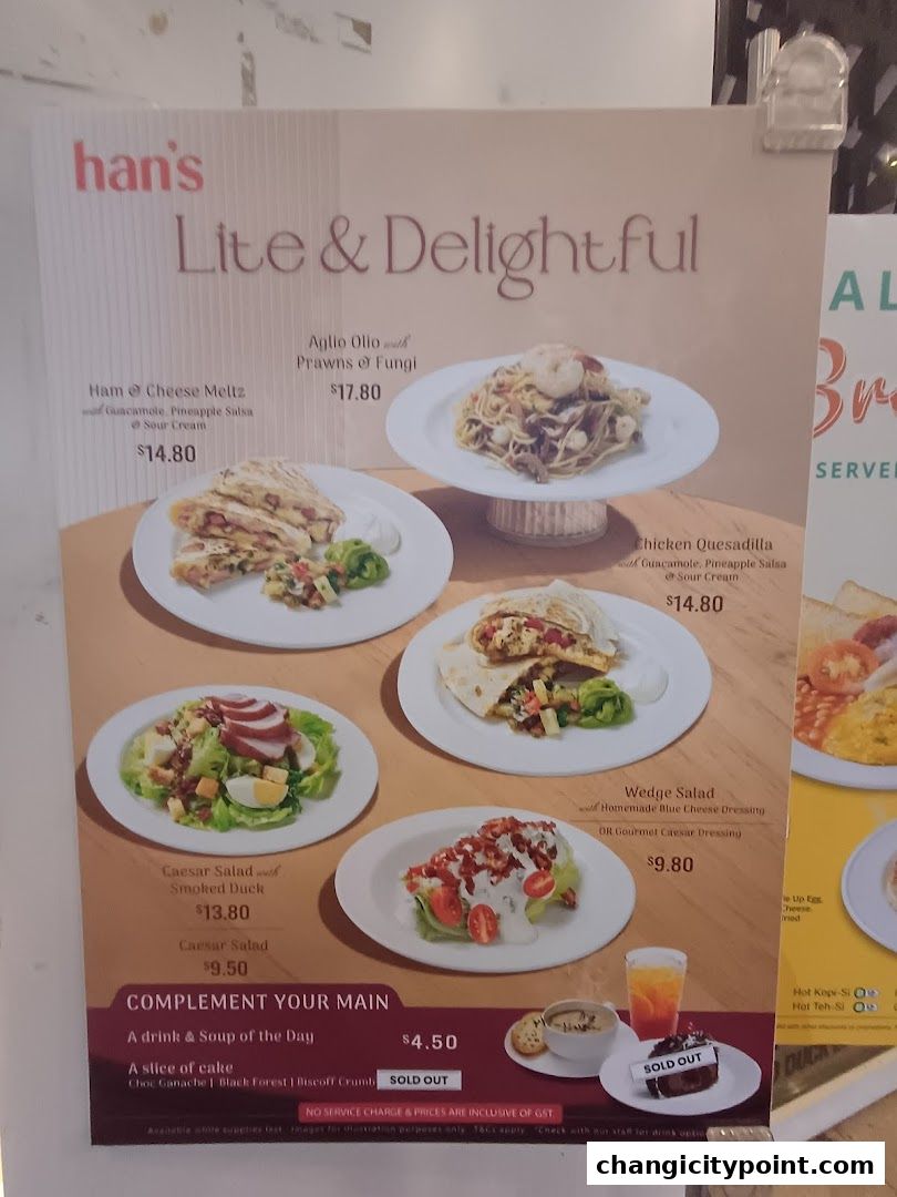 A menu from Hans Cafe featuring 'Lite & Delightful' dishes like pasta, quesadillas, and salads.