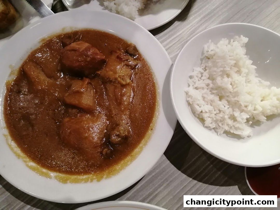 A close-up of a hearty curry dish with rice, served at Hans Cafe.