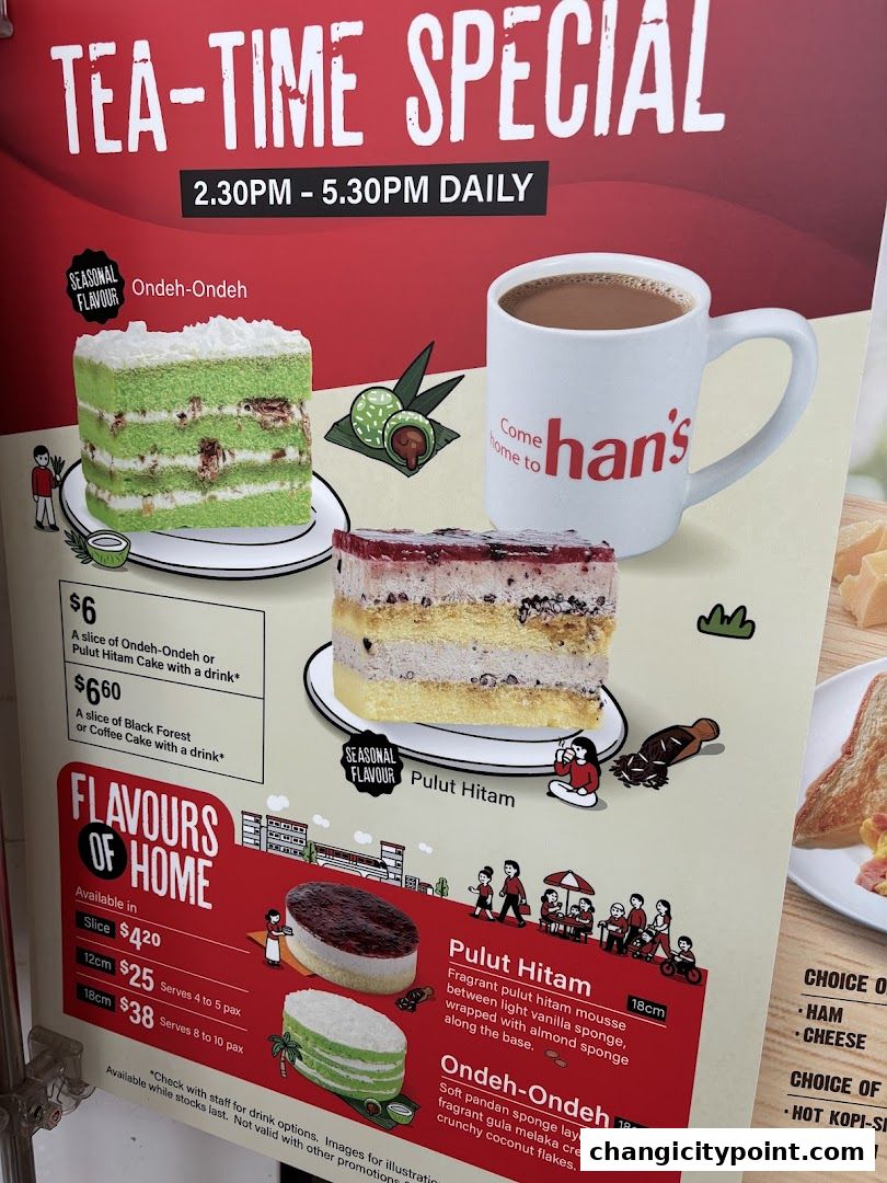 A menu board for Hans Cafe featuring tea-time specials and cake flavors.