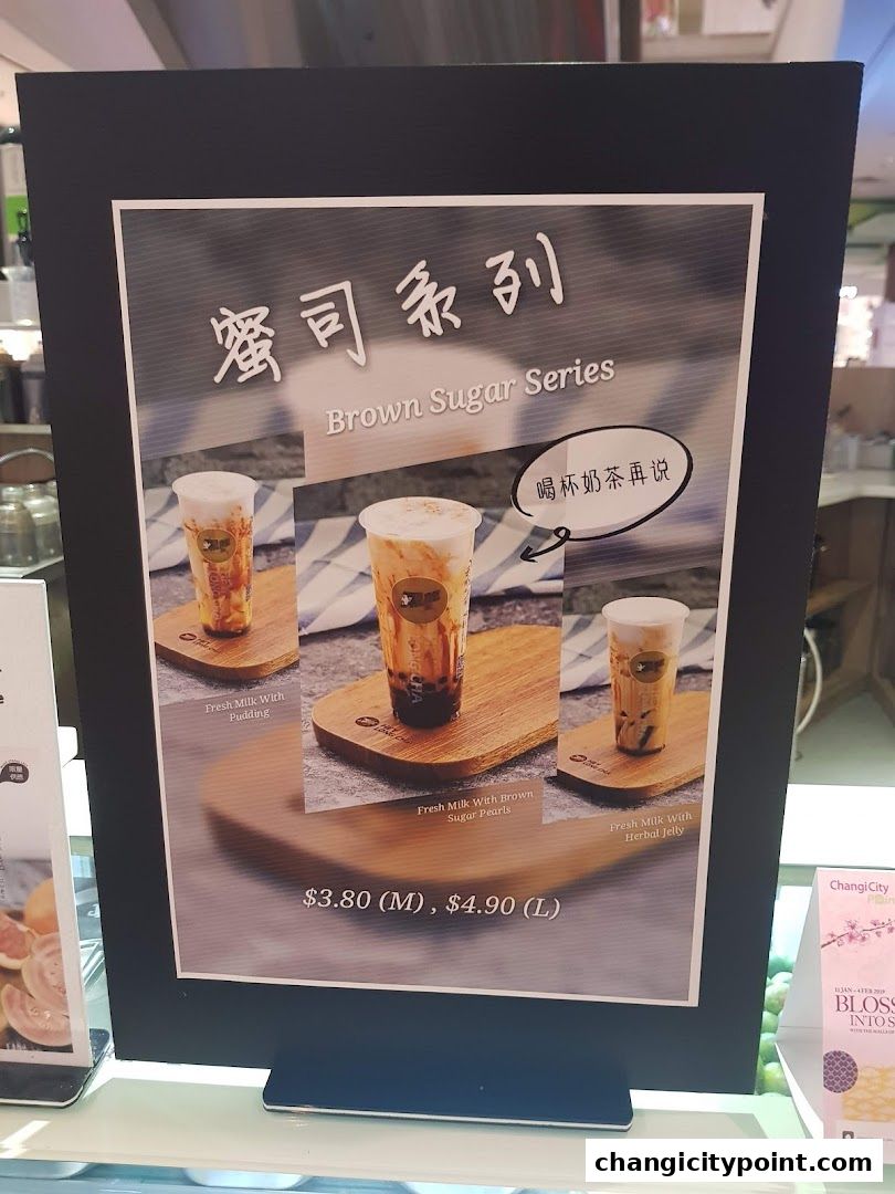 A menu board showcasing the Brown Sugar Series drinks from Hey Long Cha.