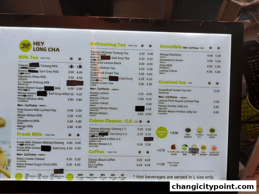 A menu board for Hey Long Cha displaying various milk teas, smoothies, and coffee drinks with prices.