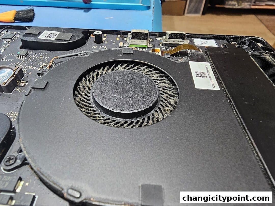 Close-up of a dusty laptop fan and internal components, indicating a need for cleaning.