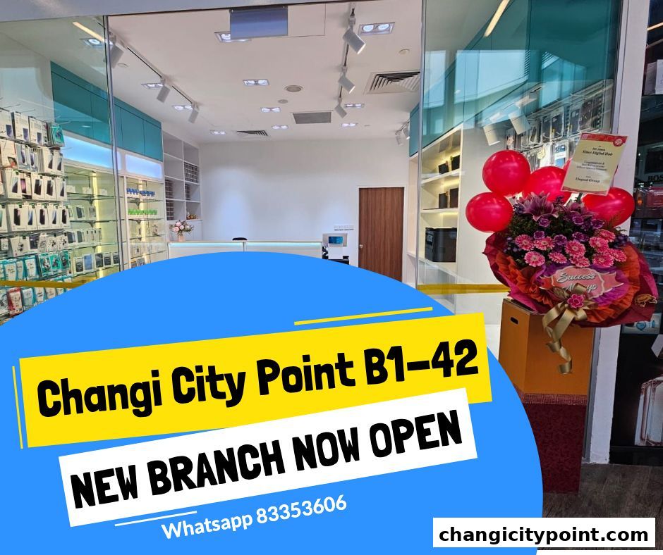 Hitec Digital Hub's new branch opening with balloons and a floral arrangement.