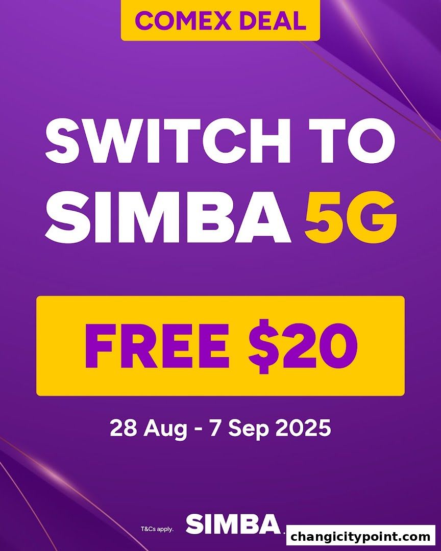 A promotional graphic for SIMBA 5G offering a free $20 deal during COMEX.