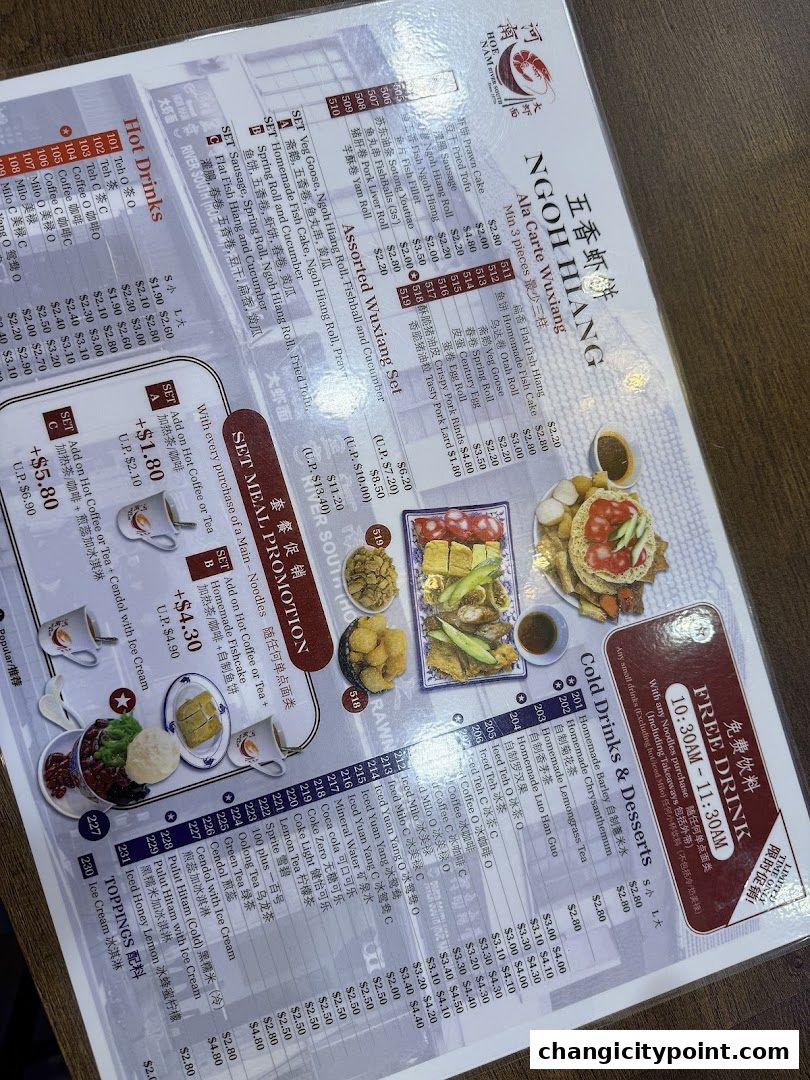 A menu from Hoe Nam River South Prawn Noodles with various food and drink options.