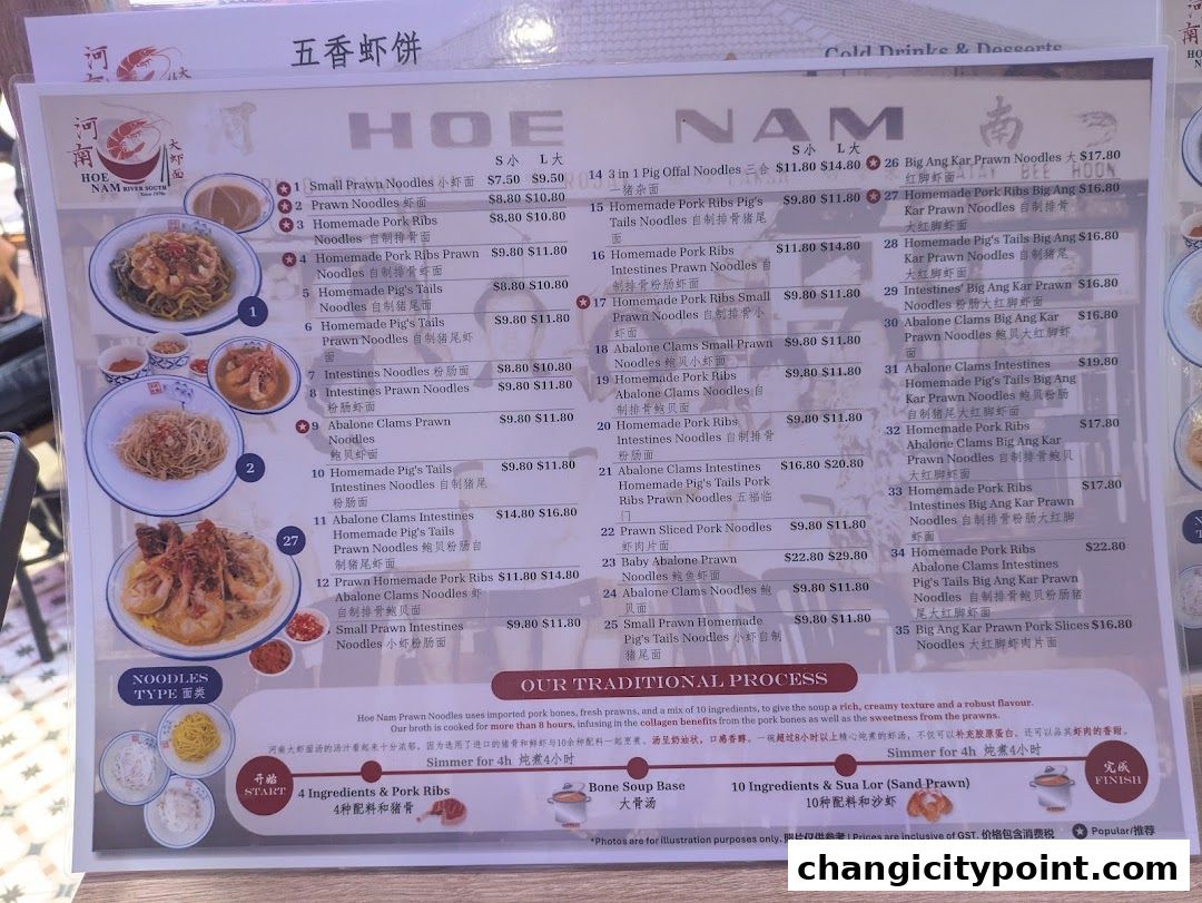 A menu for Hoe Nam River South Prawn Noodles with various noodle dishes and prices.