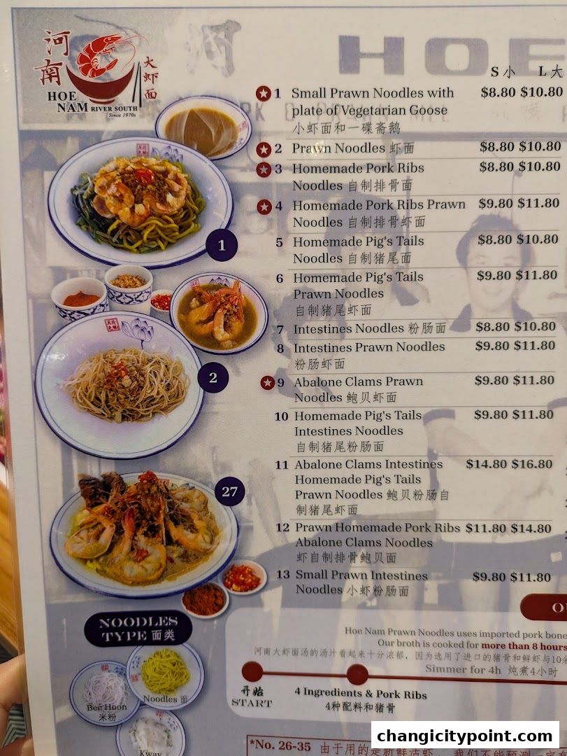A menu showcasing various prawn noodle dishes with prices and images.