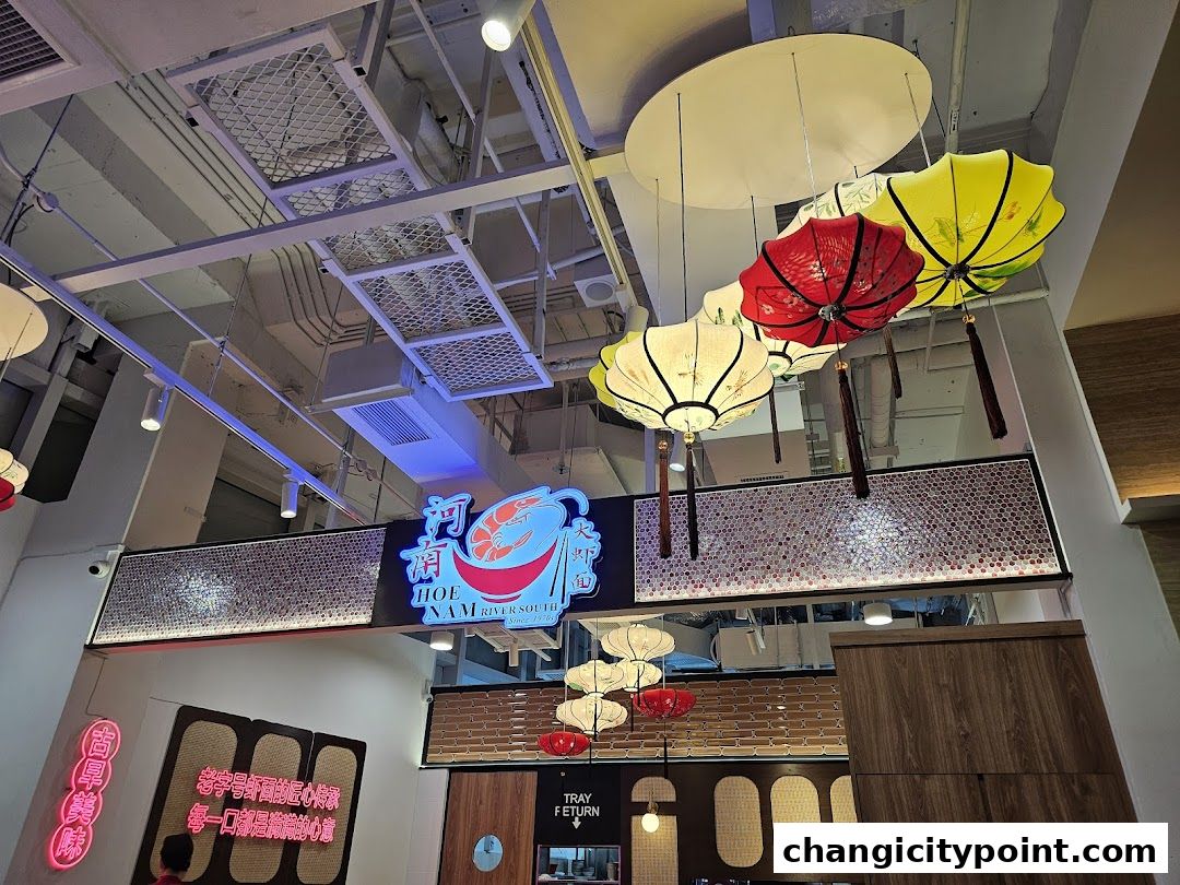 Shop front of Hoe Nam River South Prawn Noodles with decorative lanterns.