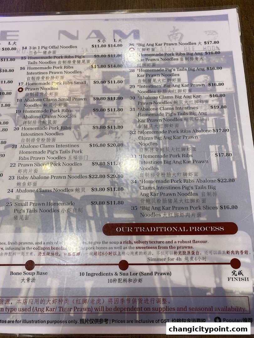 A menu for Nam River South Prawn Noodles with various prawn noodle dishes and prices.