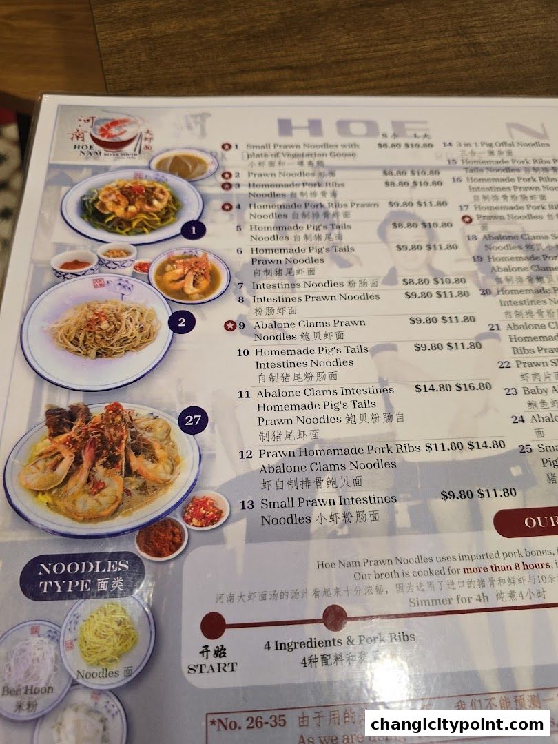 A menu for Hoe Nam River South Prawn Noodles with various noodle dishes and prices.