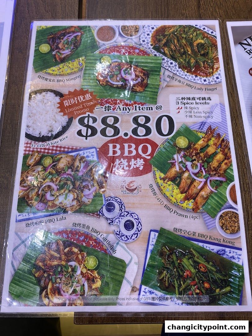 A menu featuring various BBQ seafood and vegetable dishes with prices and spice level options.