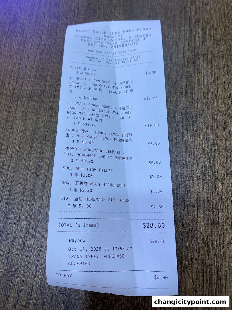 A receipt from River South (Hoe Nam) Prawn Noodles showing purchased items and total cost.