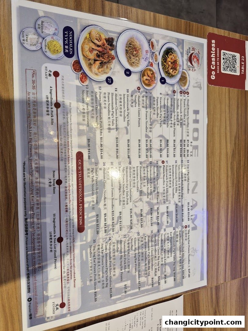 A menu for Hoe Nam River South Prawn Noodles with various noodle dishes and prices.