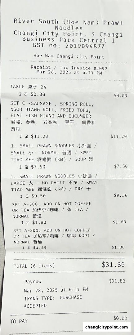 A receipt from River South (Hoe Nam) Prawn Noodles showing purchased items and total cost.