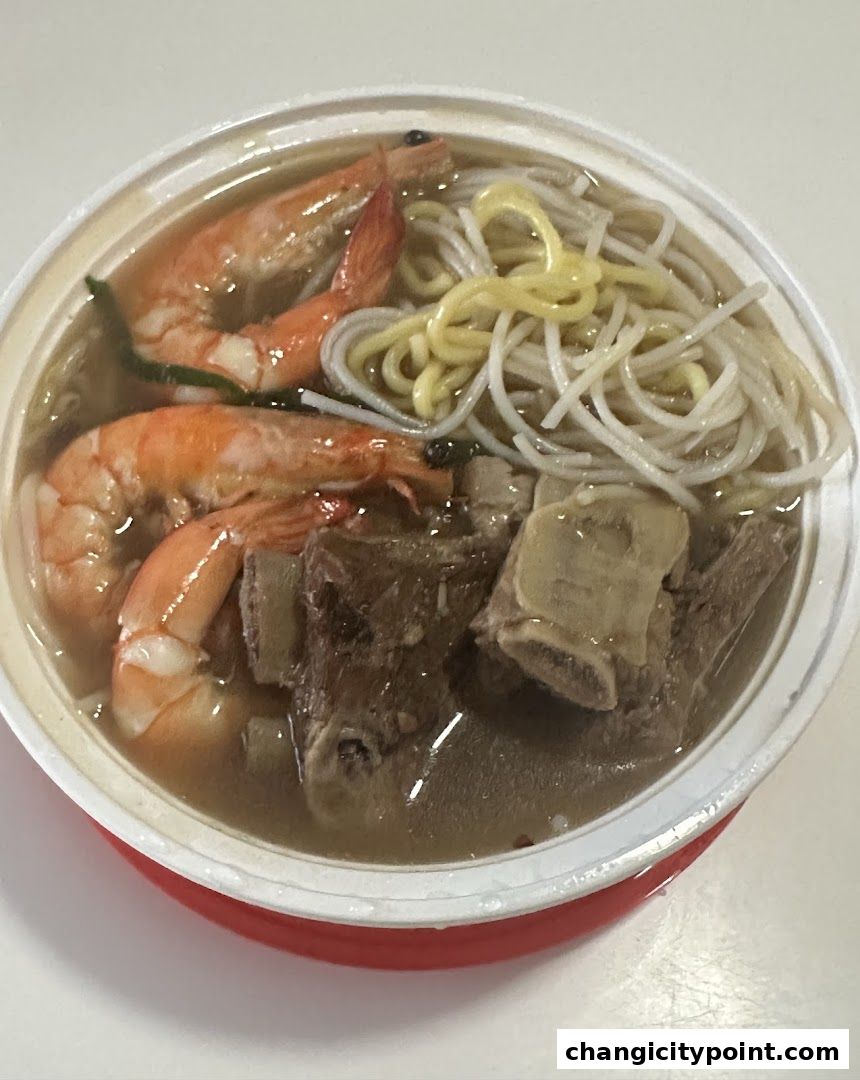 A bowl of prawn noodles with ribs and fresh prawns in a savory broth.