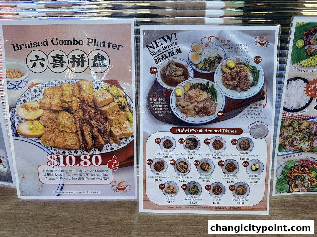 A menu display featuring braised dishes, rice bowls, and combo platters with prices.