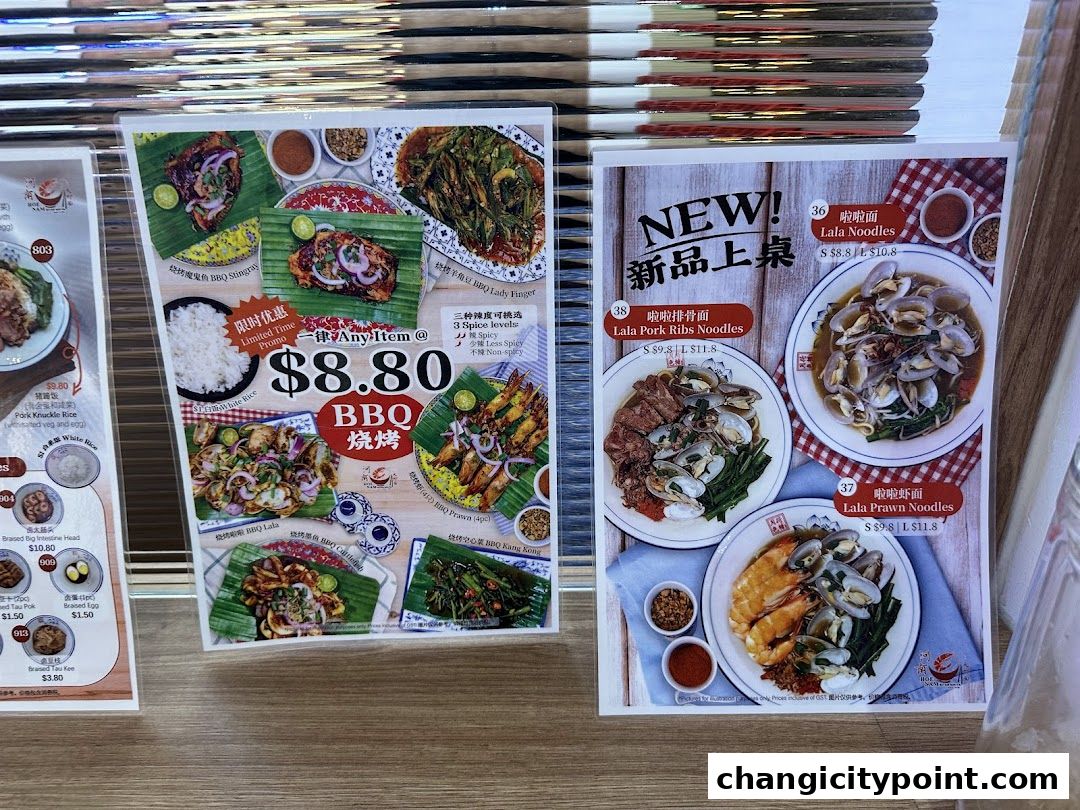 A menu featuring various noodle dishes, BBQ items, and rice options with prices.